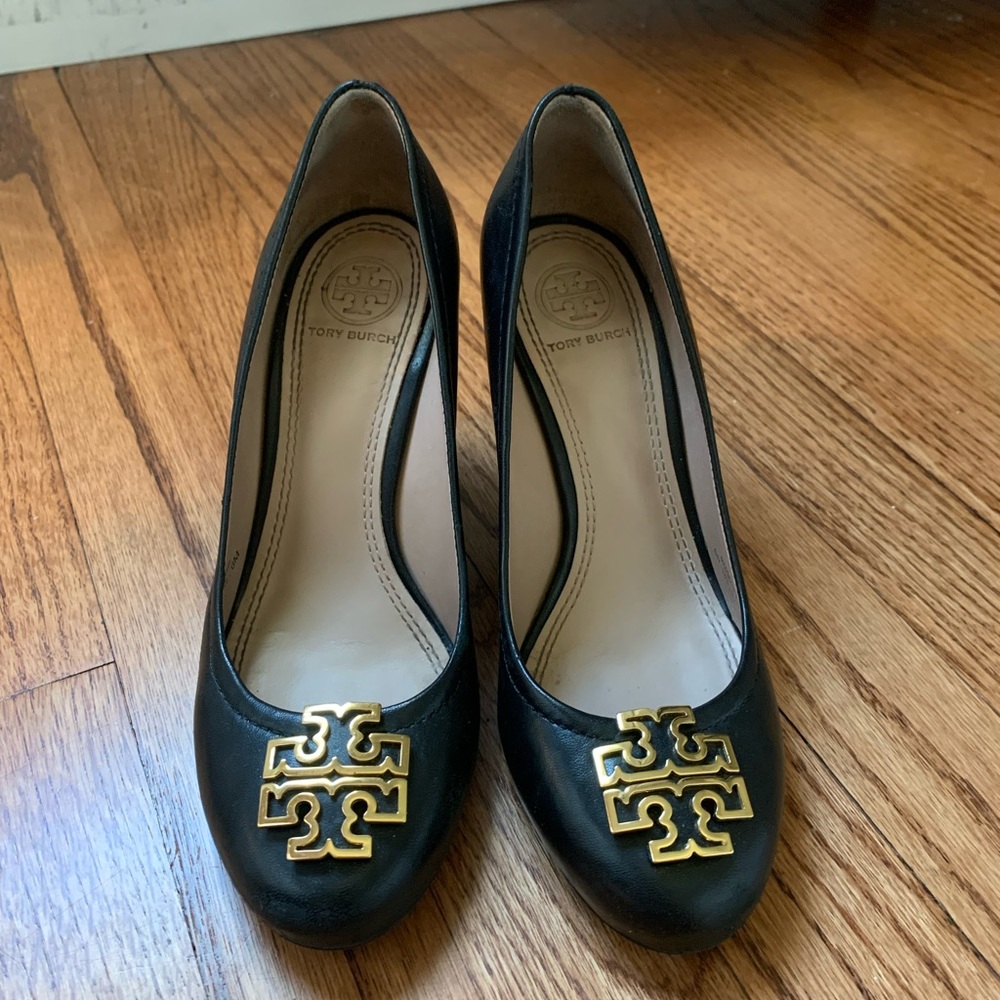 Tory Burch black wedge heels + gold detailing